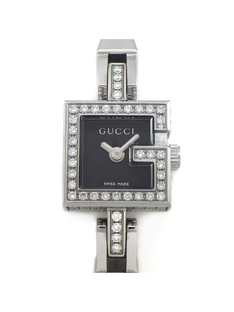 Gucci Watch Mini 102 Pave Diamond Bezel Square Black Dial Ss